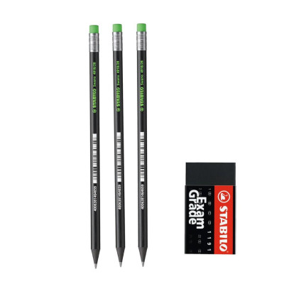 Bộ 3 cây bút chì gỗ STABILO Swano 2B thân đen + tẩy ER191E (PC4918-C3+) - Xanh