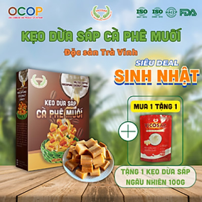 Kẹo dừa sáp VICOSAP vị cà phê muối kẹo mềm dẻo ít đường đặc sản Trà Vinh hộp 100g