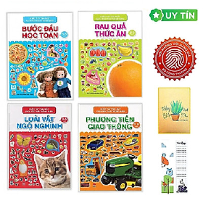 Khéo Tay Tinh Mắt, Sách Bóc Dán Thông Minh - Bước Đầu Học Toán + Rau Quả Thức Ăn + Loài Vật Ngộ Nghĩnh + Phương Tiện Giao Thông - Combo 4 Cuốn  (Tặng kèm Bookmark CÚ MÈO + SỔ TAY XƯƠNG RỒNG)