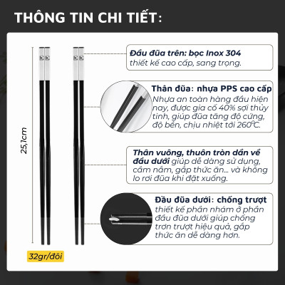 Đũa nhựa PPS sợi thủy tinh DandiHome kết hợp Inox 304 DandiHome cao cấp, chống trượt, chống nấm mốc