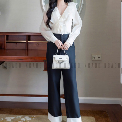 Áo sơ mi kem dài tay NGADO , áo voan tơ , áo công sở