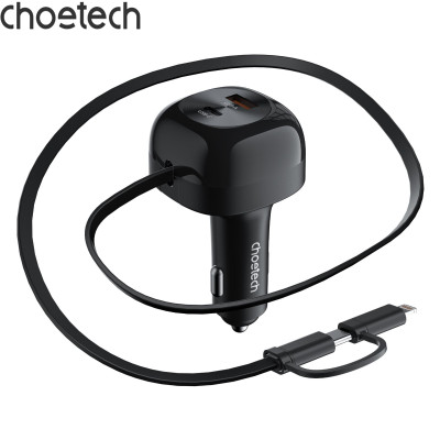 Tẩu sạc ô tô 75W Choetech TC0036 tích hợp cáp sạc rút Type C kèm đầu nối iP (Hàng chính hãng)