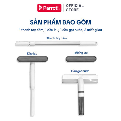 Cây lau kính, gạt chùi kính 4 trong 1, cán nhôm độ dài linh hoạt, thu nước trên kính, có phun sương Parroti Shiny SN04