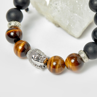 Vòng đá obsidian phối thạch anh mắt hổ vàng nâu và charm phật hạt 10mm - Ngọc Quý Gemstones