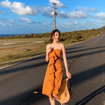 Váy maxi 2 dây chấm bi vàng, bèo nhún cách điệu trước, tôn dáng, đầm voan đi biển cá tính, họa tiết chấm bi dễ mặc | MX053