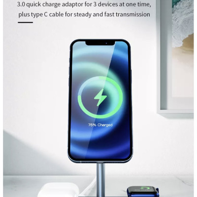 Đế Sạc Wiwu Power Air X23 3 In 1 Dành Cho Apple Watch, Iphone 12 Series, Tai Nghe Không Dây Hỗ Trợ Sạc Nhanh 15W - Hàng Chính Hãng