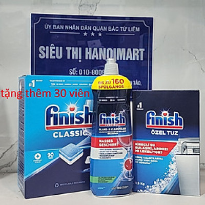 Combo muối rửa bát Finish 1,5kg+viên rửa bát Finish 120 viên+Nước làm bóng bát chén finish 800ml