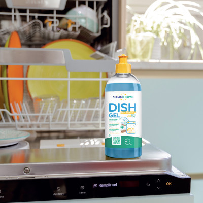 Gel rửa bát chuyên dụng cho máy nguyên liệu từ tự nhiên với hương gỗ và hương biển tươi mát All in One Stanhome DISH GEL WOODY 500ml