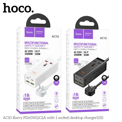 Ổ cắm điện đa năng sạc nhanh PD 65W cổng typeC + QC18W có 2*USB + 2*Type-C có 1 lỗ cắm tải 2500W dây dài 1.5m AC10 - hàng chính hãng