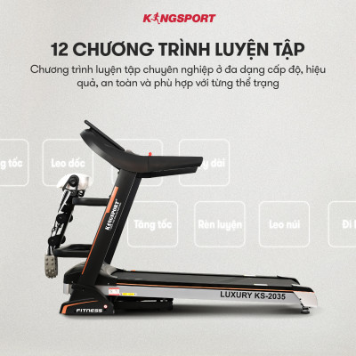 Máy chạy bộ KINGSPORT KS-2035 đa năng, thao tác phím cảm ứng, thiết kế sang trọng cứng cáp, kèm đai massage và thanh gập bụng, cân nặng phù hợp từ dưới 90-95kg