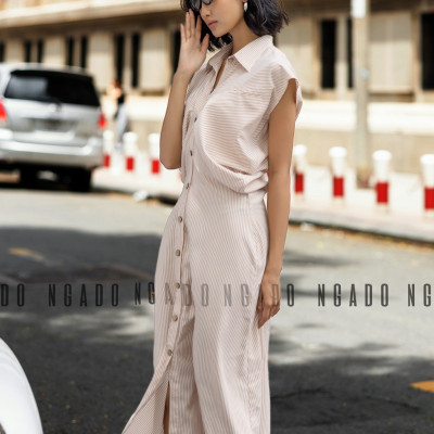 Đầm sơ mi sọc cam NGADO, Đầm suông, Đầm vintage, Đầm dạo phố thiết kế