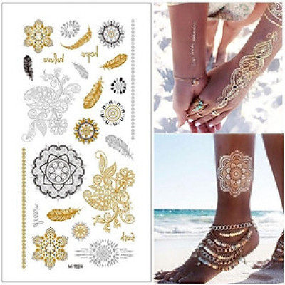 Xăm dán tạm thời họa tiết ánh kim, lông vũ, hoa lá, henna vintage thời trang nam nữ Legaxi