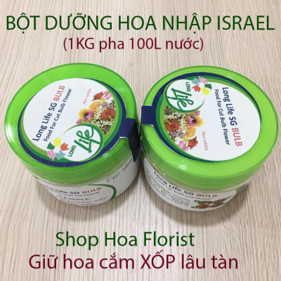 Thuốc cắm hoa lâu tàn Longlife SG nhập khẩu Israel (dạng bột Hủ 1 KG pha 100 L nước) giúp hoa cắm xốp tại Shop Hoa Florist tươi gấp 2 lần và hạn chế thay hoa định kỳ