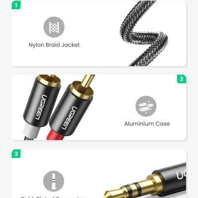 Ugreen UG60242AV116TK 3M cáp 3.5mm ra 2RCA hoa sen âm thanh Stereo bọc nhôm chống nhiễu màu đen - HÀNG CHÍNH HÃNG