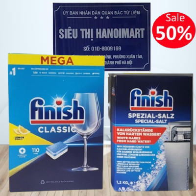 combo viên rửa bát finish 110 viên+muối rửa bát finish 1,5kg dùng cho máy rửa bát