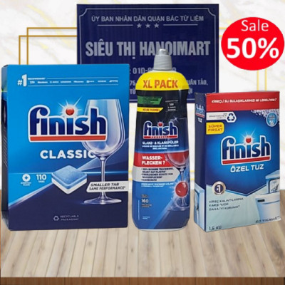 Combo 110 viên Finish+1.2kg muối rửa bát Finish+Nước làm Bóng Finish 750ml dùng cho máy rửa bát chén