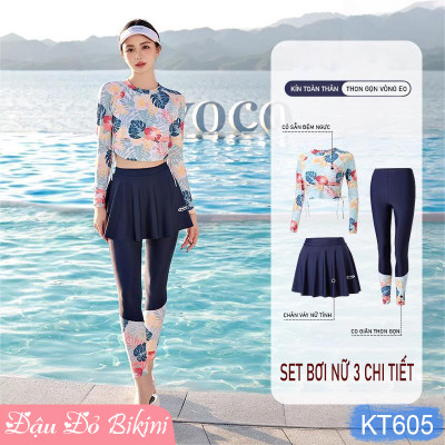 Bộ bơi nữ dài tay chống nắng toàn thân, thiết kế 3 mảnh mới trẻ trung cho eo thon gọn, thun bơi lạnh cao cấp dày mịn mát, bảo vệ da tối ưu và tôn dáng hoàn hảo | KT605