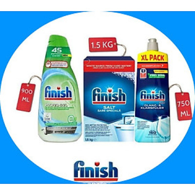 Combo Nước rửa chén cho máy 1500ml + Muối rửa chén Finish 1.2kg + Nước làm bóng finish 1150ml