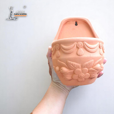 Chậu Ốp Tường Đất Nung Dáng Trứng Dẹp Hoa Văn Tinh Xảo | Trang Trí Treo Tường | Rustic Balcony Planter