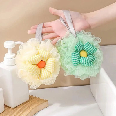 Set 2 Bông Tắm Hình Hoa Sọc Caro Tạo Bọt Chất Liệu Lưới Tròn Mềm Mại - Giao màu ngẫu nhiên