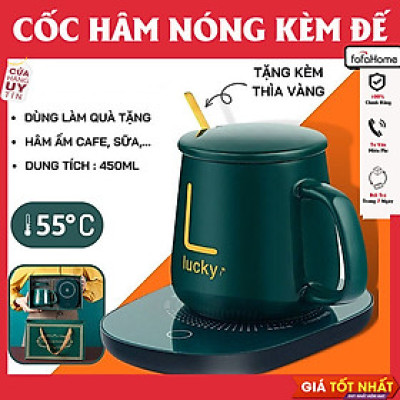 Cốc Hâm Nóng, Bộ Ly Sứ Kèm Đế Điện Hâm Nóng Trà, Cafe, Hâm Sữa + Tặng Kèm Thìa Vàng, Hộp Sang Trọng, Bộ Cốc Sứ Tiện Lợi