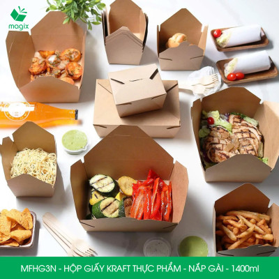 MFHG3N - 25 hộp giấy kraft thực phẩm 1400ml, hộp giấy nắp gập màu nâu đựng thức ăn, hộp giấy nắp gài gói đồ ăn mang đi 