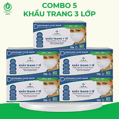 COMBO 5 HỘP Khẩu trang y tế CAEMEDI 3 lớp XANH Cao cấp, kháng khuẩn, lọc bụi bẩn đạt chuẩn BFE, FDA xuất khẩu Hoa Kỳ - Hộp 50 cái