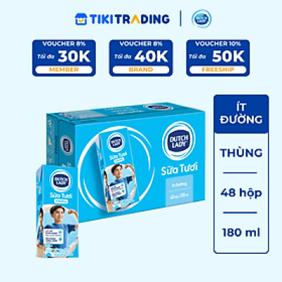 Thùng 48 Hộp Sữa Tươi Tiệt Trùng Dutch Lady Cô Gái Hà Lan ít đường 180ml