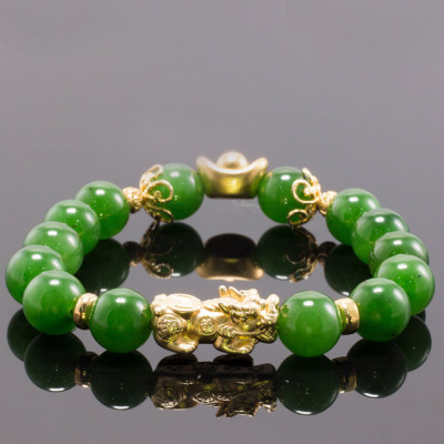 Vòng tay ngọc bích phối tỳ hưu bạc mạ vàng 24k (10mm) Ngọc Quý Gemstones