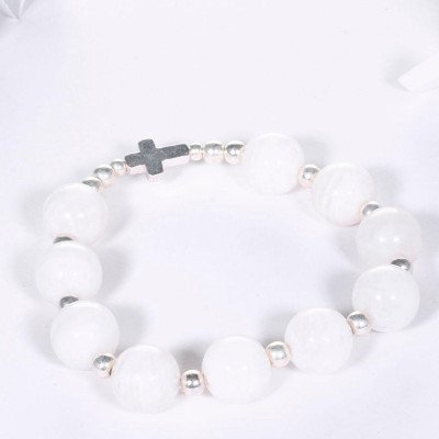 Vòng chuỗi mân côi đá xà cừ trắng mix thánh giá bạc hạt đá 10mm - Ngọc Quý Gemstones