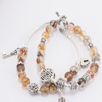 Vòng 2 Line Thạch Anh Ưu Linh Tóc Phối Charm Vương Miệng Bạc (6mm) Ngọc Quý Gemstones