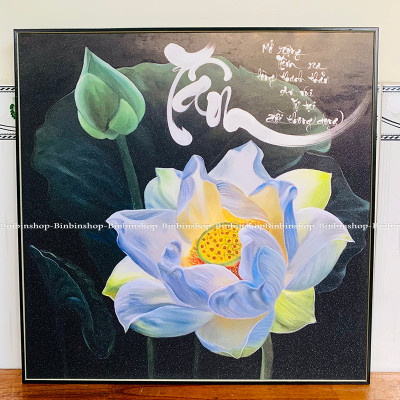 (CÓ ẢNH THẬT) Tranh treo tường chữ tâm và hoa sen trắng có khung tặng kèm đinh treo