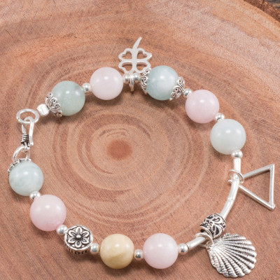 Vòng Tay Đá Beryl Đa Sắc Phối Charm Cỏ 4 Lá Bạc (8mm) Ngọc Quý Gemstones