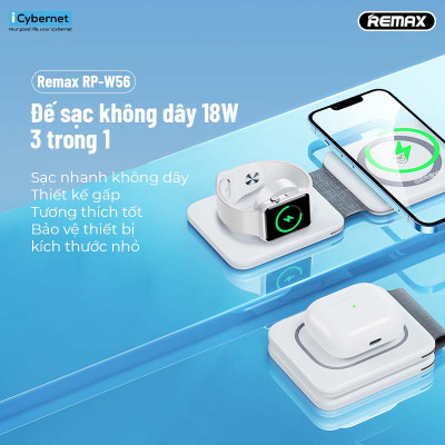 Đế sạc không dây từ tính 3 trong 1 Remax RP-W56 sạc nhanh 18W - Hàng chính hãng