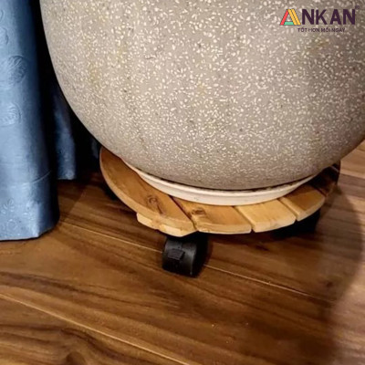 Combo 2 Đế Lót Chậu Cây Có Bánh Xe ANKAN 30cm Gỗ Tràm Mặt Tròn Màu Vàng, Chính Hãng