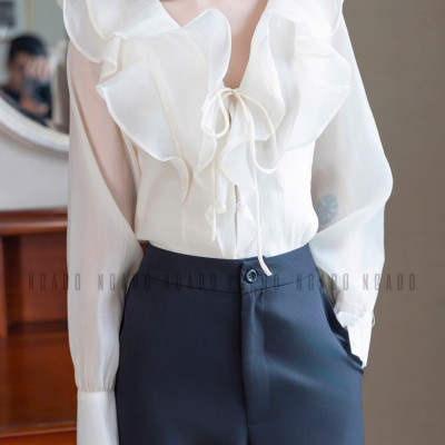 Áo sơ mi kem dài tay NGADO , áo voan tơ , áo công sở