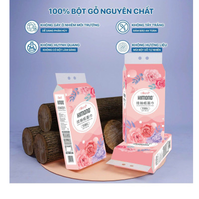 ( Tặng 2 gói) Thùng 10+2 bịch giấy treo tường đa năng KIMONO hoa hồng 4 lớp dạng rút 1100 tờ