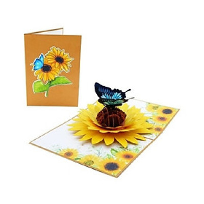 Thiệp 3D Pop Up Hoa Hướng Dương & Bướm Xanh – Thiệp Hoa Chúc Mừng, Sinh Nhật, Lãng Mạn, F30