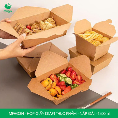 MFHG3N - 25 hộp giấy kraft thực phẩm 1400ml, hộp giấy nắp gập màu nâu đựng thức ăn, hộp giấy nắp gài gói đồ ăn mang đi 