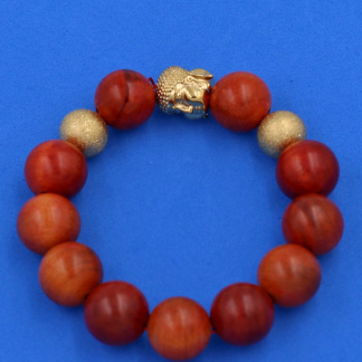 Chuỗi hạt đeo tay Gỗ Đỏ 15 ly - Vòng tay Phật A Di Đà hạt inox vàng VGONLVHB14 - Vòng đeo tay size lớn