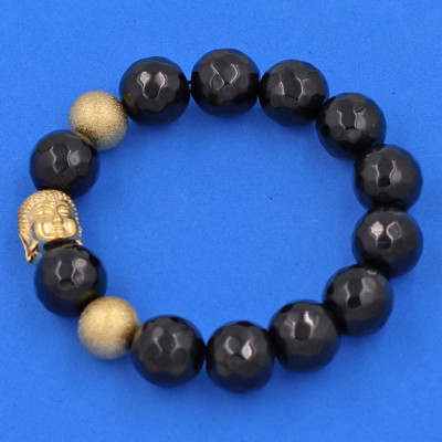 Vòng tay Thạch Anh Đen Cắt Giác 14 ly - Vòng tay Phật A Di Đà inox vàng VTAEGNLVHB14 - hợp mệnh Mộc, mệnh Thủy - Vòng đeo tay size lớn