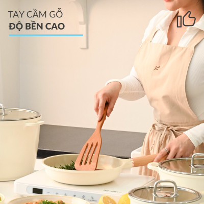 Chảo chiên chống dính phủ gốm Hàn Quốc size 24cm cán gỗ đáy từ