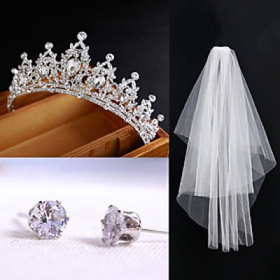 Combo Vương miện cô dâu, bông tai nụ đá và voan lúp cài tóc cô dâu ngày cưới