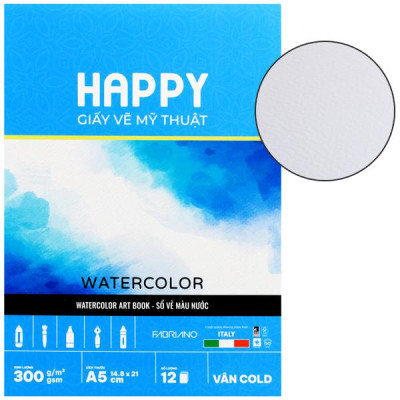 Sổ Vẽ Mỹ Thuật Gáy Keo Màu Nước A5 - Happy Water Color - Vân Cold - 300gsm (12 Tờ)