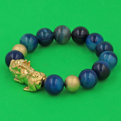 Vòng chuỗi đeo tay mã não xanh biển sọc 14 ly ( size lớn ) charm tỳ hưu và bi inox vàng, vòng tay chuỗi hạt