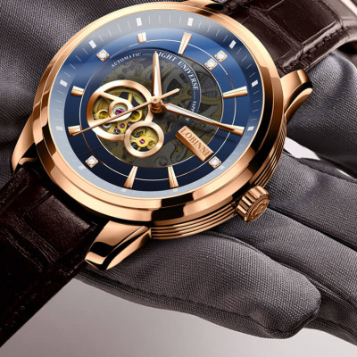 Đồng hồ nam Lobinni L5013-1 Chính hãng ,Kính sapphire nguyên khối ,chống xước,chống nước 50m,mặt xanh vỏ vàng hồng dây da nâu xịn, thép không gỉ 316L,Đồng hồ cơ (Automatic) bảo hành 24 tháng, hàng mới 100%,thiết kế lộ cơ trẻ trung và sang trọng