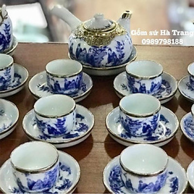 Ấm chén Bát Tràng  Bọc đồng  Hoạ tiết trúc lâm thất hiền