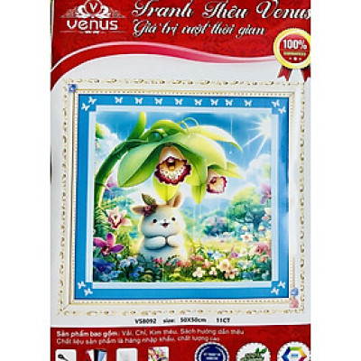 Tranh thêu kín Thỏ dưới tán cây vs8092, kích thước 50 x 50 cm