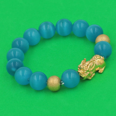 Vòng đeo tay Đá Mắt Mèo Xanh Biển 12 ly - cẩn Tỳ Hưu Phong Thủy inox vàng VMEXBTHHBV12 - hợp mệnh Thủy, mệnh Mộc