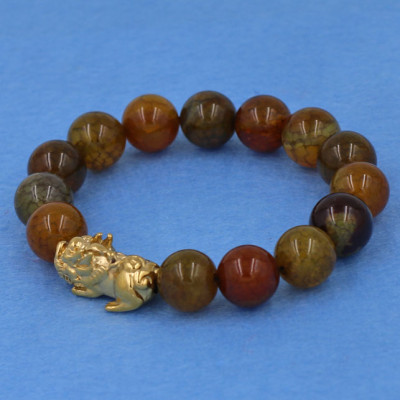 Chuỗi đeo tay đá vân rồng 12 ly - cẩn Tỳ Hưu inox vàng VVRTHV12 - hợp mệnh Kim, mệnh Mộc